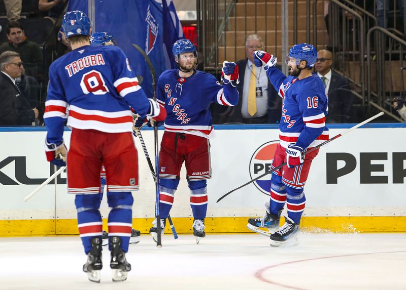 Sep 24, 2024; New York, New York, USA; New York Rangers defenseman Zac Jones (6) celebrates his second goal of the game against the New York Islanders during the third period at Madison Square Garden. Mandatory Credit: Danny Wild-Imagn Images