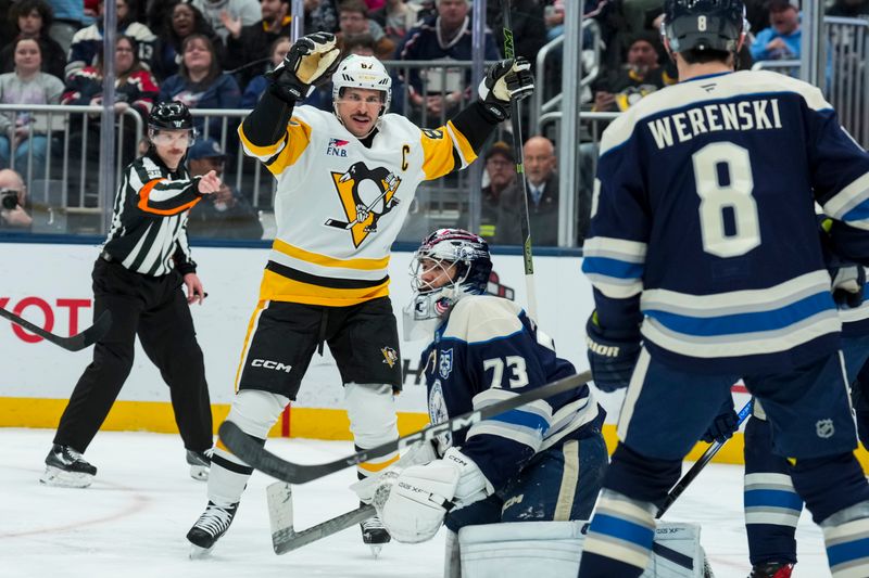 Nov 28, 2025; Columbus, Ohio, USA;  Pittsburgh Penguins center Sidney Crosby (87) celebrates scoring a goal against the Columbus Blue Jackets in the first period at Nationwide Arena. Mandatory Credit: Aaron Doster-Imagn Images