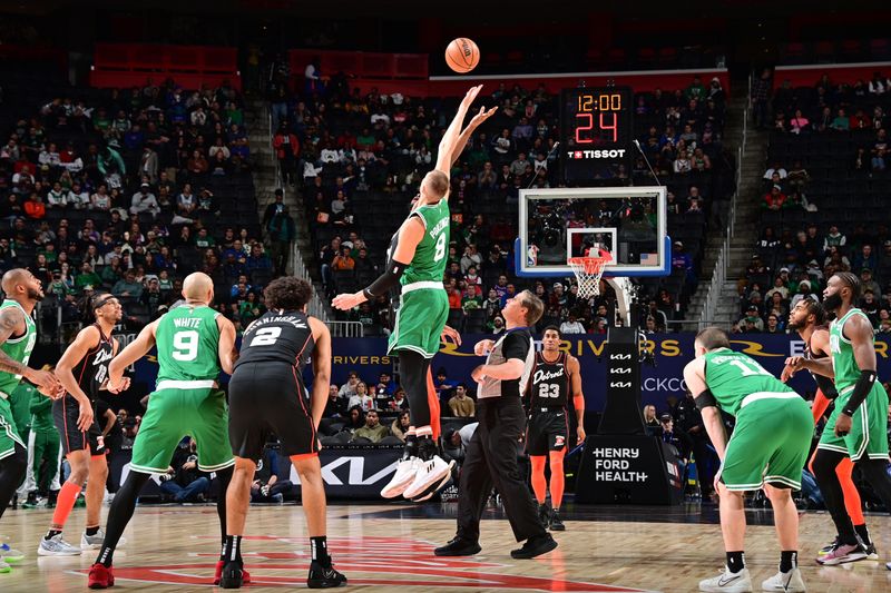 DETROIT, MI - MARCH 22: The opening tip off during the game between the Boston Celtics and the Detroit Pistons  on March 22, 2024 at Little Caesars Arena in Detroit, Michigan. NOTE TO USER: User expressly acknowledges and agrees that, by downloading and/or using this photograph, User is consenting to the terms and conditions of the Getty Images License Agreement. Mandatory Copyright Notice: Copyright 2024 NBAE (Photo by Chris Schwegler/NBAE via Getty Images)