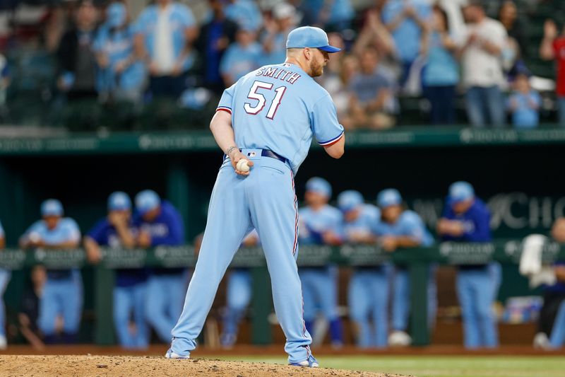 Apr 2, 2023; Arlington, Texas, USA; Texas Rangers relief pitcher Will Smith (51) pitches during the ninth inning against the Philadelphia Phillies at Globe Life Field. Mandatory Credit: Andrew Dieb-USA TODAY Sports