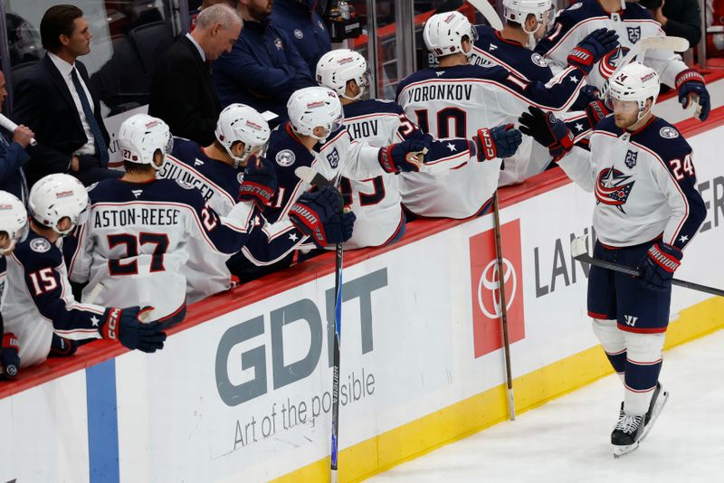 Oct 4, 2025; Washington, District of Columbia, USA; Columbus Blue Jackets right wing Mathieu Olivier (24) celebrates with teammates after scoring a goal against the Washington Capitals in the third period at Capital One Arena. Mandatory Credit: Geoff Burke-Imagn Images