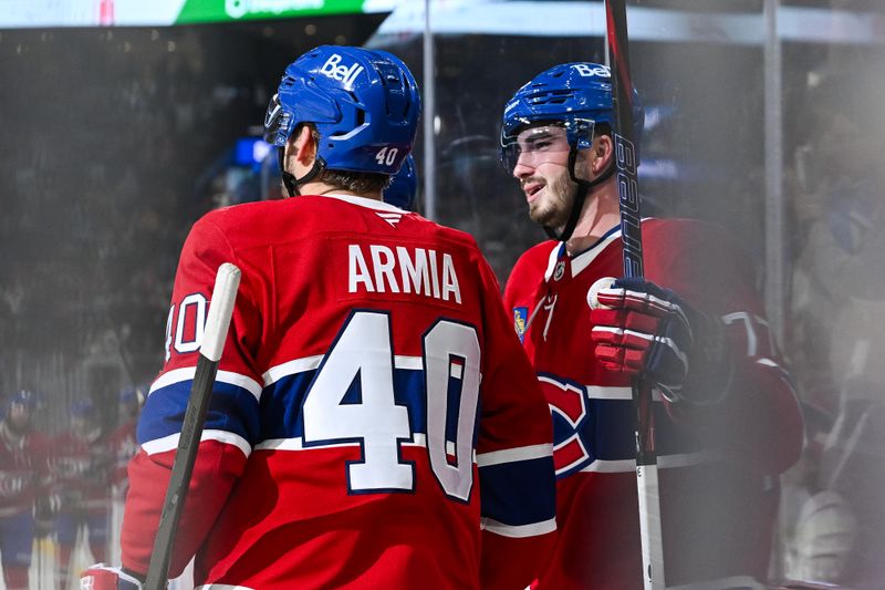 Oct 1, 2024; Montreal, Quebec, CAN; Montreal Canadiens center Kirby Dach (77) celebrates his goal against the Ottawa Senators with Montreal Canadiens right wing Joel Armia (40) during the second period at Bell Centre. Mandatory Credit: David Kirouac-Imagn Images