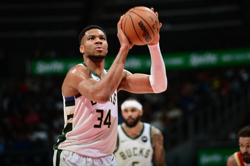 ATLANTA, GA - MARCH 04:  Giannis Antetokounmpo #34 of the Milwaukee Bucks shoots a free throw during the game against the Atlanta Hawks on March 4, 2025 at State Farm Arena in Atlanta, Georgia.  NOTE TO USER: User expressly acknowledges and agrees that, by downloading and/or using this Photograph, user is consenting to the terms and conditions of the Getty Images License Agreement. Mandatory Copyright Notice: Copyright 2025 NBAE (Photo by Scott Cunningham/NBAE via Getty Images)