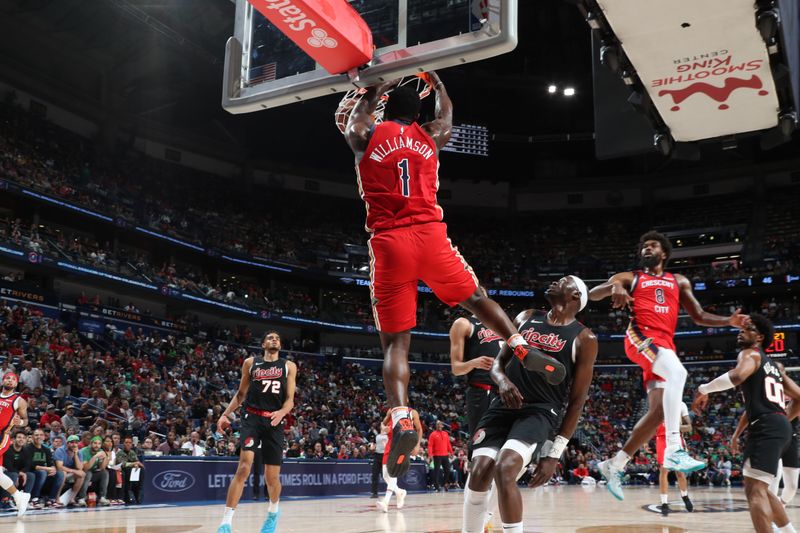 NEW ORLEANS, LA - MARCH 16: Zion Williamson #1 of the New Orleans Pelicans dunks the ball during the game against the Portland Trail Blazers on March 16, 2024 at the Smoothie King Center in New Orleans, Louisiana. NOTE TO USER: User expressly acknowledges and agrees that, by downloading and or using this Photograph, user is consenting to the terms and conditions of the Getty Images License Agreement. Mandatory Copyright Notice: Copyright 2024 NBAE (Photo by Layne Murdoch Jr./NBAE via Getty Images)