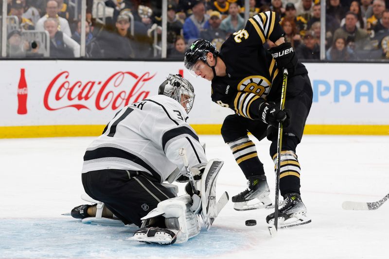 Feb 17, 2024; Boston, Massachusetts, USA; Boston Bruins center Morgan Geekie (39) can t get this rebound past Los Angeles Kings goaltender David Rittich (31) during the third period at TD Garden. Mandatory Credit: Winslow Townson-USA TODAY Sports