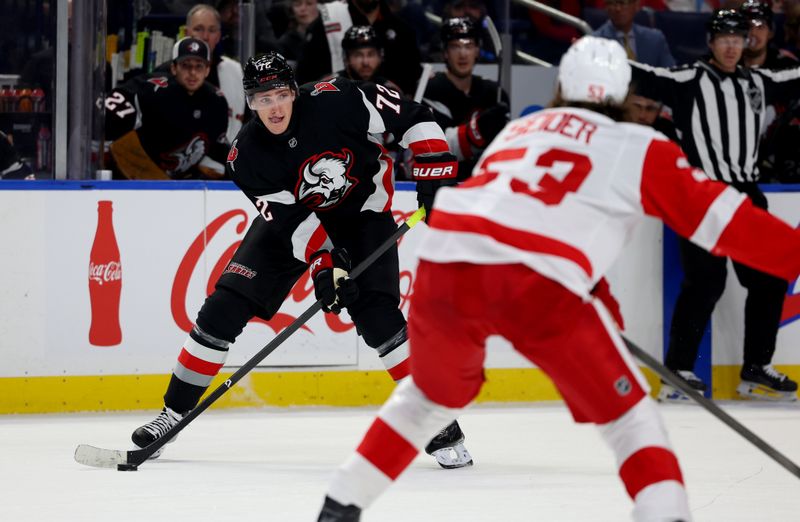 Oct 26, 2024; Buffalo, New York, USA;  Buffalo Sabres center Tage Thompson (72) looks to make a pass during the second period against the Detroit Red Wings at KeyBank Center. Mandatory Credit: Timothy T. Ludwig-Imagn Images