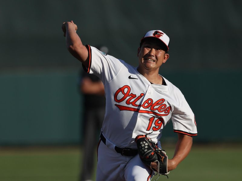 Mar 14, 2025; Sarasota, Florida, USA; Baltimore Orioles starting pitcher Tomoyuki Sugano (19) throws a pitch during the second inning against the Minnesota Twins  at Ed Smith Stadium. Mandatory Credit: Kim Klement Neitzel-Imagn Images