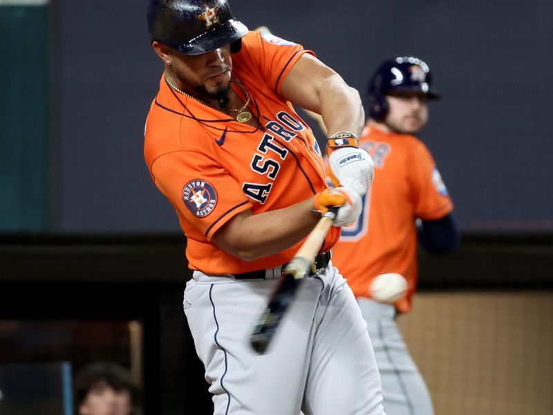 Oct 19, 2023; Arlington, Texas, USA; Houston Astros first baseman Jose Abreu (79) hits a three-run home run during the fourth inning in game four of the ALCS against the Texas Rangers for the 2023 MLB playoffs at Globe Life Field. Mandatory Credit: Kevin Jairaj-USA TODAY Sports