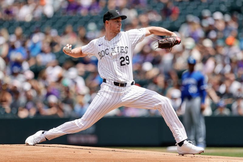 Jul 7, 2024; Denver, Colorado, USA; Colorado Rockies starting pitcher Tanner Gordon (29) pitches in the first inning against the Kansas City Royals at Coors Field. Mandatory Credit: Isaiah J. Downing-USA TODAY Sports