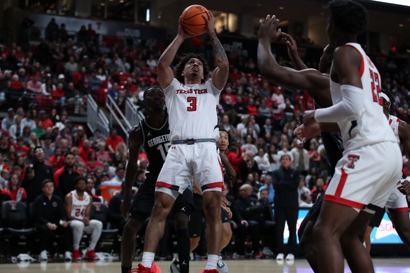 Nov 30, 2022; Lubbock, Texas, USA;  Texas Tech Red Raiders guard D Maurian Williams (3) shoots in front of Georgetown Hoyas forward Bryson Mozone (15) in the second half at United Supermarkets Arena. Mandatory Credit: Michael C. Johnson-USA TODAY Sports