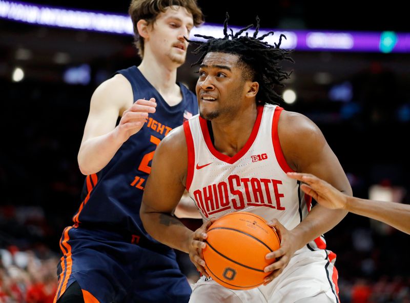 Feb 26, 2023; Columbus, Ohio, USA;  Ohio State Buckeyes forward Brice Sensabaugh (10) looks to score as Illinois Fighting Illini forward Matthew Mayer (24) defends during the second half at Value City Arena. Mandatory Credit: Joseph Maiorana-USA TODAY Sports