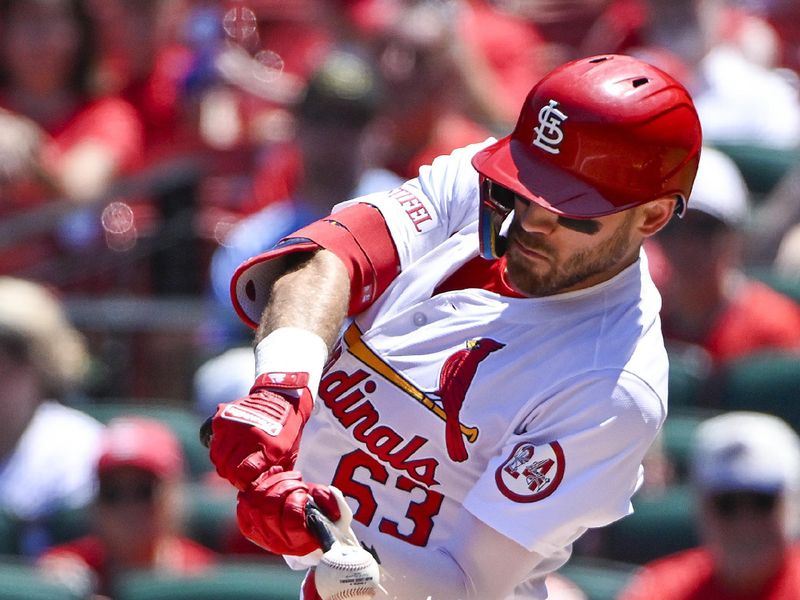 Jun 13, 2024; St. Louis, Missouri, USA;  St. Louis Cardinals center fielder Michael Siani (63) breaks his bat as he grounds out against the Pittsburgh Pirates during the fourth inning at Busch Stadium. Mandatory Credit: Jeff Curry-USA TODAY Sports