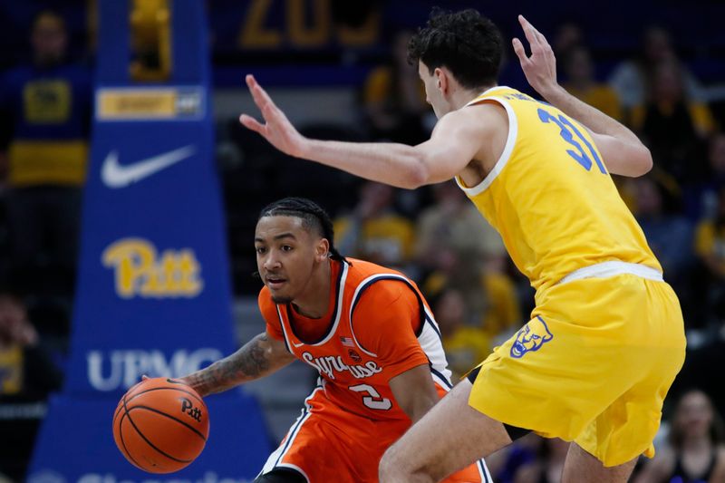 Jan 16, 2024; Pittsburgh, Pennsylvania, USA; Syracuse Orange guard JJ Starling (2) brings the ball up court as Pittsburgh Panthers forward Jorge Diaz Graham (31) defends during the second half at the Petersen Events Center. Syracuse won 69-58. Mandatory Credit: Charles LeClaire-USA TODAY Sports