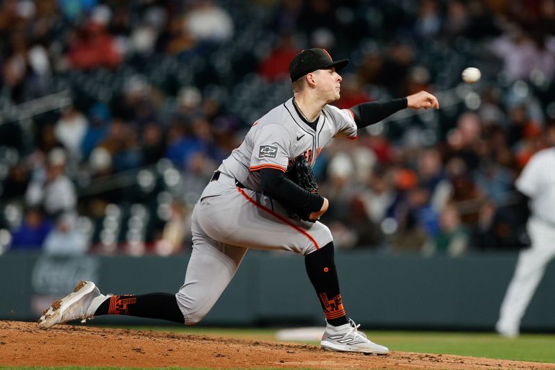 May 7, 2024; Denver, Colorado, USA; San Francisco Giants starting pitcher Kyle Harrison (45) pitches in the sixth inning against the Colorado Rockies at Coors Field. Mandatory Credit: Isaiah J. Downing-USA TODAY Sports