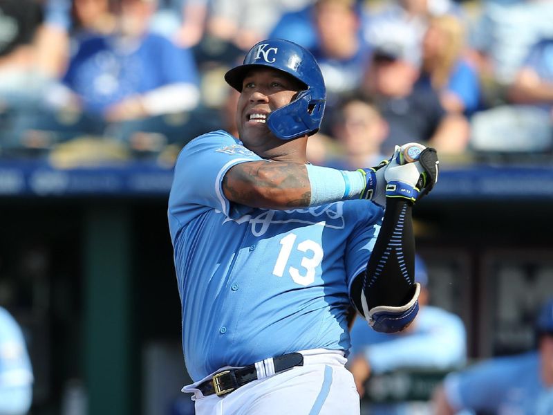 Jun 17, 2023; Kansas City, Missouri, USA; Kansas City Royals catcher Salvador Perez (13) reacts after missing a pitch during the eighth inning against the Los Angeles Angels at Kauffman Stadium. Mandatory Credit: Scott Sewell-USA TODAY Sports