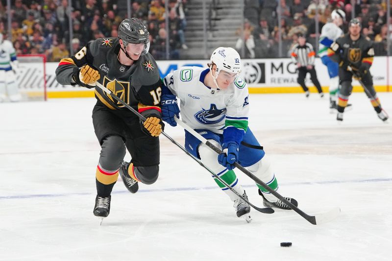 Feb 4, 2026; Las Vegas, Nevada, USA; Vegas Golden Knights right wing Pavel Dorofeyev (16) skates against Vancouver Canucks left wing Liam Ohgren (92) during the first period at T-Mobile Arena. Mandatory Credit: Stephen R. Sylvanie-Imagn Images