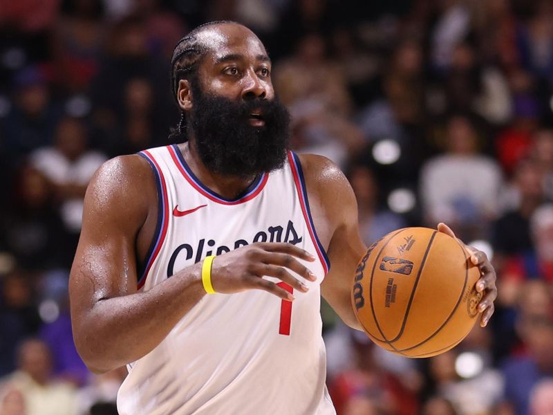 OCEANSIDE, CALIFORNIA - OCTOBER 08: James Harden #1 of the Los Angeles Clippers moves the ball up the court in the second quarter against the Brooklyn Nets at Frontwave Arena on October 08, 2024 in Oceanside, California. NOTE TO USER: User expressly acknowledges and agrees that, by downloading and or using this photograph, User is consenting to the terms and conditions of the Getty Images License Agreement. (Photo by Joe Scarnici/Getty Images)