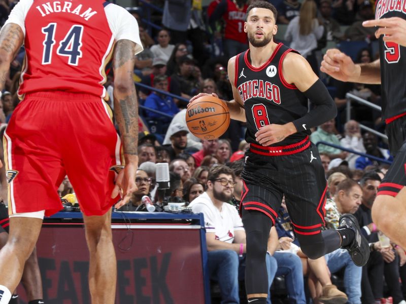 NEW ORLEANS, LA - OCTOBER 23: Zach LaVine #8 of the Chicago Bulls on October 23, 2024 at the Smoothie King Center in New Orleans, Louisiana. NOTE TO USER: User expressly acknowledges and agrees that, by downloading and or using this Photograph, user is consenting to the terms and conditions of the Getty Images License Agreement. Mandatory Copyright Notice: Copyright 2024 NBAE (Photo by Layne Murdoch Jr./NBAE via Getty Images)