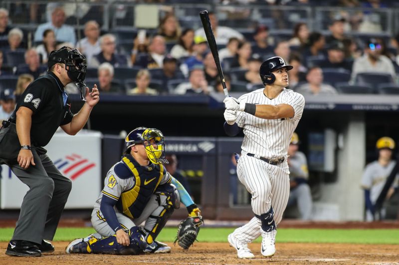 Sep 8, 2023; Bronx, New York, USA;  New York Yankees center fielder Jasson Dominguez (89) hits a two run home run in the third inning against the Milwaukee Brewers at Yankee Stadium. Mandatory Credit: Wendell Cruz-USA TODAY Sports