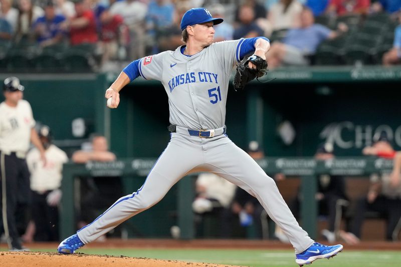 Jun 21, 2024; Arlington, Texas, USA; Kansas City Royals starting pitcher Brady Singer (51) delivers a pitch to the Texas Rangers during the first inning at Globe Life Field. Mandatory Credit: Jim Cowsert-USA TODAY Sports
