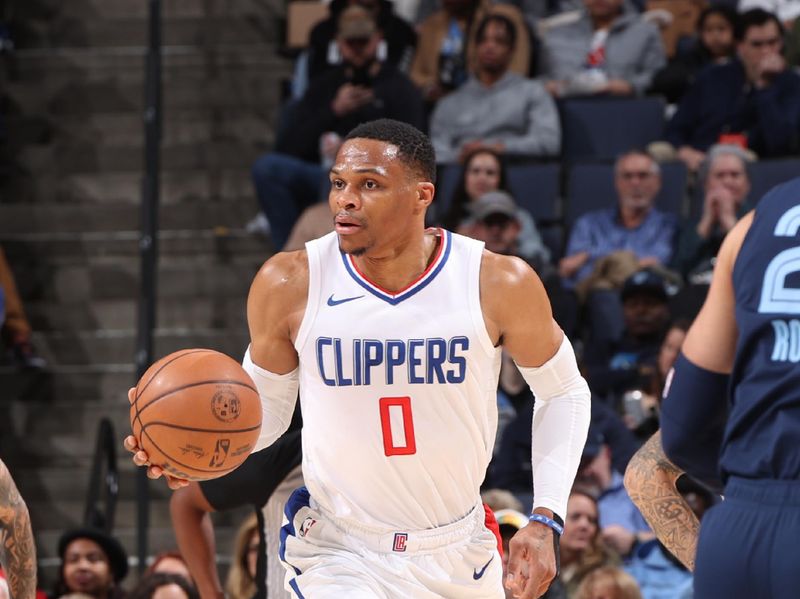 MEMPHIS, TN - JANUARY 12:  Russell Westbrook #0 of the LA Clippers handles the ball during the game against the Memphis Grizzlies on January 12, 2024 at FedExForum in Memphis, Tennessee. NOTE TO USER: User expressly acknowledges and agrees that, by downloading and or using this photograph, User is consenting to the terms and conditions of the Getty Images License Agreement. Mandatory Copyright Notice: Copyright 2024 NBAE (Photo by Joe Murphy/NBAE via Getty Images)