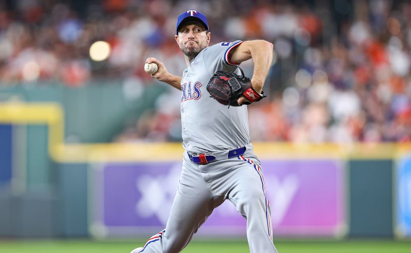 Jul 14, 2024; Houston, Texas, USA; Texas Rangers starting pitcher Max Scherzer (31) delivers a pitch during the second inning against the Houston Astros at Minute Maid Park. Mandatory Credit: Troy Taormina-USA TODAY Sports