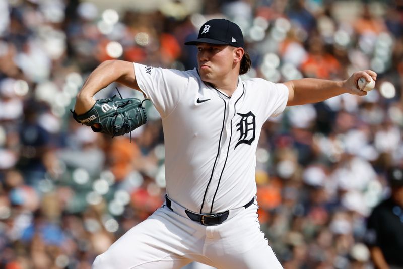 Sep 20, 2025; Detroit, Michigan, USA;  Detroit Tigers pitcher Tyler Holton (87) pitches in the fifth inning against the Atlanta Braves at Comerica Park. Mandatory Credit: Rick Osentoski-Imagn Images
