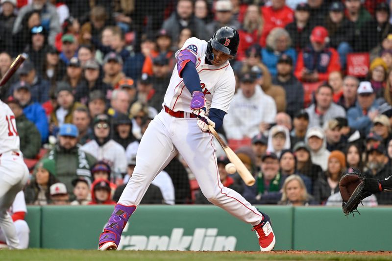 Apr 10, 2025; Boston, Massachusetts, USA; Boston Red Sox first baseman Triston Casas (36) hits a single against the Toronto Blue Jays during the sixth inning at Fenway Park. Mandatory Credit: Eric Canha-Imagn Images