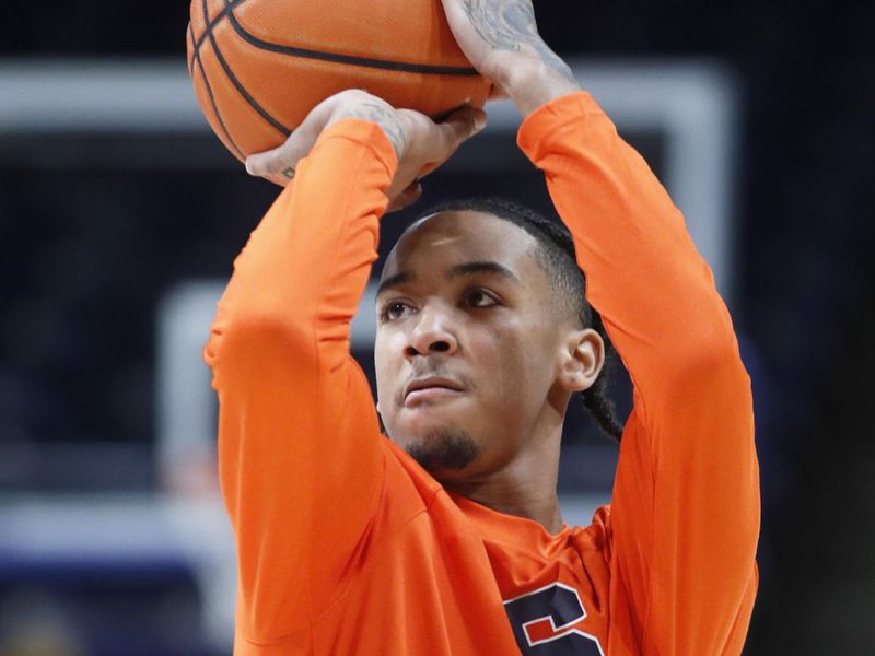 Jan 16, 2024; Pittsburgh, Pennsylvania, USA; Syracuse Orange guard Judah Mintz (3) warms up before the game against the Pittsburgh Panthers at the Petersen Events Center. Mandatory Credit: Charles LeClaire-USA TODAY Sports