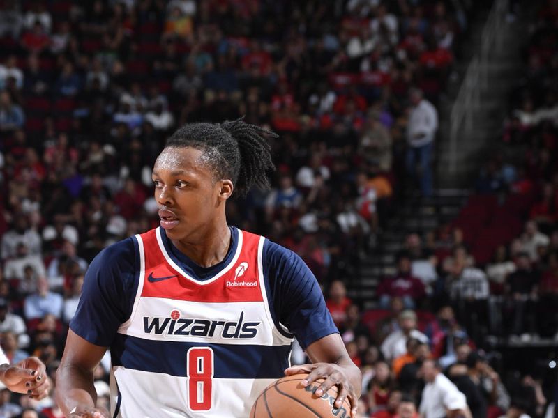 HOUSTON, TX - NOVEMBER 11: Bub Carrington #8 of the Washington Wizards dribbles the ball during the game against the Houston Rockets on November 11, 2024 at the Toyota Center in Houston, Texas. NOTE TO USER: User expressly acknowledges and agrees that, by downloading and or using this photograph, User is consenting to the terms and conditions of the Getty Images License Agreement. Mandatory Copyright Notice: Copyright 2024 NBAE (Photo by Logan Riely/NBAE via Getty Images)