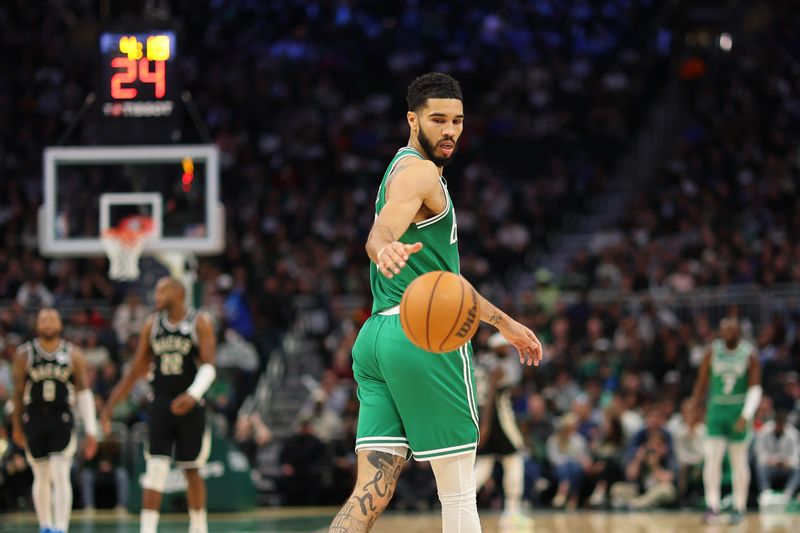 MILWAUKEE, WISCONSIN - APRIL 09: Jayson Tatum #0 of the Boston Celtics waits for a pass during a game against the Milwaukee Bucks at Fiserv Forum on April 09, 2024 in Milwaukee, Wisconsin. NOTE TO USER: User expressly acknowledges and agrees that, by downloading and or using this photograph, User is consenting to the terms and conditions of the Getty Images License Agreement. (Photo by Stacy Revere/Getty Images)