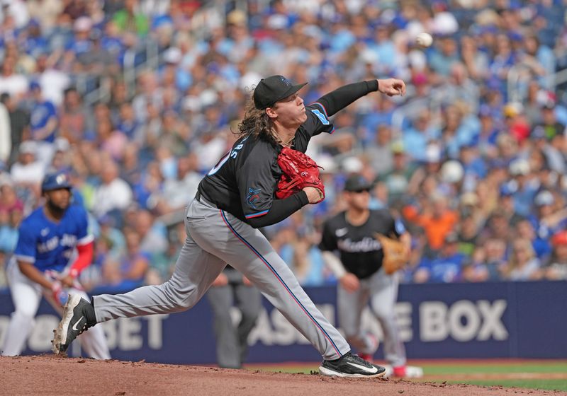 Sep 29, 2024; Toronto, Ontario, CAN; Miami Marlins starting pitcher Ryan Weathers (60) throws pitch against the Toronto Blue Jays during the first inning at Rogers Centre. Mandatory Credit: Nick Turchiaro-Imagn Images