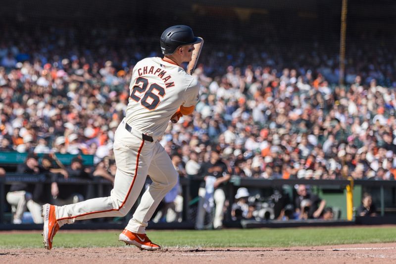 Apr 21, 2024; San Francisco, California, USA;  San Francisco Giants third baseman Matt Chapman (26) hits a double against the Arizona Diamondbacks during the ninth inning at Oracle Park. Mandatory Credit: John Hefti-USA TODAY Sports