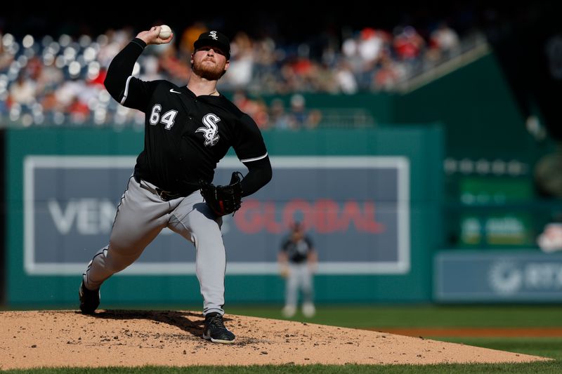 Sep 28, 2025; Washington, District of Columbia, USA; Chicago White Sox pitcher Shane Smith (64) pitches against the Washington Nationals during the third inning at Nationals Park. Mandatory Credit: Geoff Burke-Imagn Images