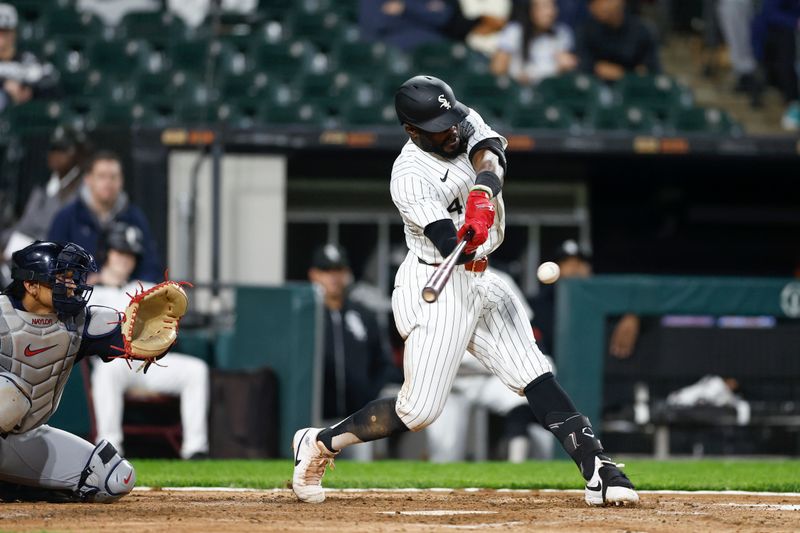 May 9, 2024; Chicago, Illinois, USA; Chicago White Sox third baseman Bryan Ramos (44) singles against the Cleveland Guardians during the third inning at Guaranteed Rate Field. Mandatory Credit: Kamil Krzaczynski-USA TODAY Sports