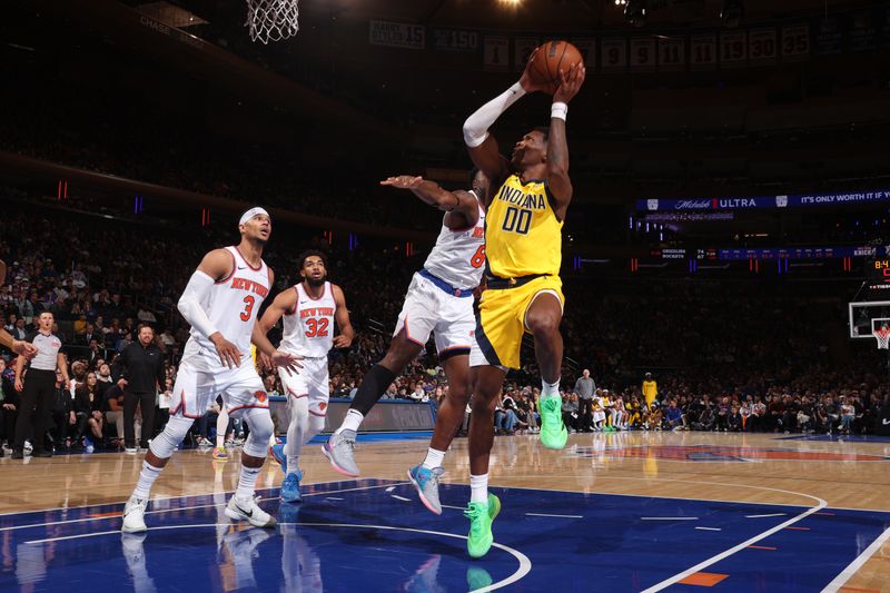 NEW YORK, NY - OCTOBER 25: Bennedict Mathurin #00 of the Indiana Pacers shoots the ball during the game against the New York Knicks on October 25, 2024 at Madison Square Garden in New York City, New York.  NOTE TO USER: User expressly acknowledges and agrees that, by downloading and or using this photograph, User is consenting to the terms and conditions of the Getty Images License Agreement. Mandatory Copyright Notice: Copyright 2024 NBAE  (Photo by David L. Nemec/NBAE via Getty Images)