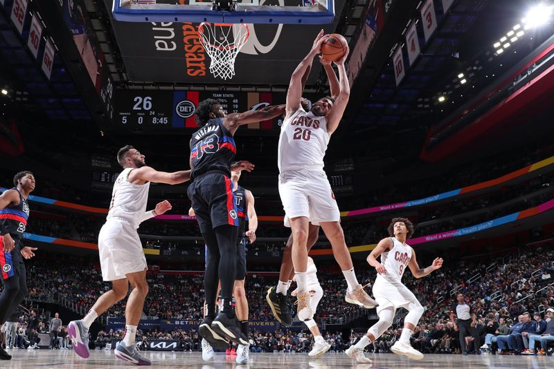 DETROIT, MI - MARCH 1: Georges Niang #20 of the Cleveland Cavaliers rebounds during the game against the Detroit Pistons on March 1, 2024 at Little Caesars Arena in Detroit, Michigan. NOTE TO USER: User expressly acknowledges and agrees that, by downloading and/or using this photograph, User is consenting to the terms and conditions of the Getty Images License Agreement. Mandatory Copyright Notice: Copyright 2024 NBAE (Photo by Jeff Haynes/NBAE via Getty Images)