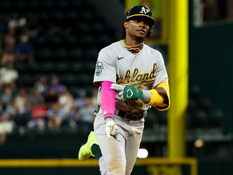 Sep 8, 2023; Arlington, Texas, USA;  Oakland Athletics center fielder Esteury Ruiz (1) rounds the bases after hitting a home run during the fifth inning against the Texas Rangers at Globe Life Field. Mandatory Credit: Kevin Jairaj-USA TODAY Sports