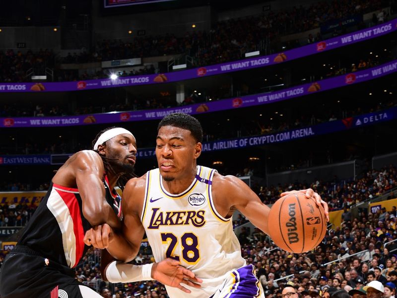 LOS ANGELES, CA - DECEMBER 8: Rui Hachimura #28 of the Los Angeles Lakers drives to the basket during the game against the Portland Trail Blazers on December 8, 2024 at Crypto.Com Arena in Los Angeles, California. NOTE TO USER: User expressly acknowledges and agrees that, by downloading and/or using this Photograph, user is consenting to the terms and conditions of the Getty Images License Agreement. Mandatory Copyright Notice: Copyright 2024 NBAE (Photo by Adam Pantozzi/NBAE via Getty Images)