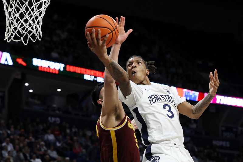 Jan 27, 2024; University Park, Pennsylvania, USA; Penn State Nittany Lions guard Nick Kern Jr (3) shoots as Minnesota Golden Gophers forward Dawson Garcia (3) defends during the first half at Bryce Jordan Center. Mandatory Credit: Matthew O'Haren-USA TODAY Sports