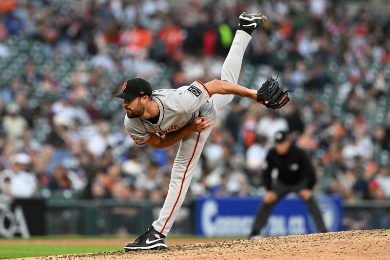 May 27, 2025; Detroit, Michigan, USA;  San Francisco Giants pitcher Tristan Beck  throws a pitch against the Detroit Tigers in the seventh inning at Comerica Park. Mandatory Credit: Lon Horwedel-Imagn Images