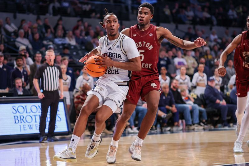 Jan 3, 2026; Atlanta, Georgia, USA; Georgia Tech Yellow Jackets guard Lamar Washington (1) drives past Boston College Eagles guard Fred Payne (5) in the second half at McCamish Pavilion. Mandatory Credit: Brett Davis-Imagn Images