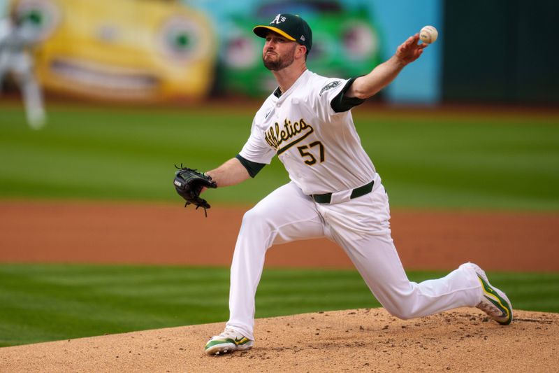 May 6, 2024; Oakland, California, USA; Oakland Athletics starting pitcher Alex Wood (57) delivers a pitch against the Texas Rangers during the first inning at Oakland-Alameda County Coliseum. Mandatory Credit: Neville E. Guard-USA TODAY Sports