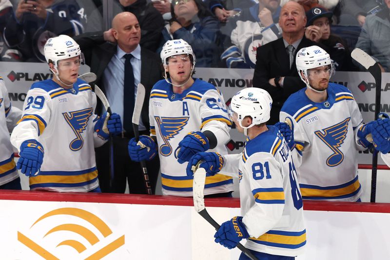 Mar 15, 2026; Winnipeg, Manitoba, CAN; St. Louis Blues left wing Dylan Holloway (81) celebrates a goal against the Winnipeg Jets in the third period at Canada Life Centre. Mandatory Credit: James Carey Lauder-Imagn Images