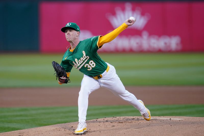 Sep 21, 2024; Oakland, California, USA; Oakland Athletics pitcher JP Sears (38) delivers a pitch against the New York Yankees in the first inning at the Oakland-Alameda County Coliseum. Mandatory Credit: Cary Edmondson-Imagn Images