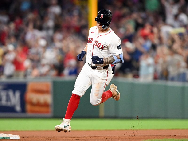 Jun 25, 2024; Boston, Massachusetts, USA; Boston Red Sox left fielder Tyler O'Neill (17) runs the bases after hitting a two-run home run against the Toronto Blue Jays during the sixth inning at Fenway Park. Mandatory Credit: Brian Fluharty-USA TODAY Sports