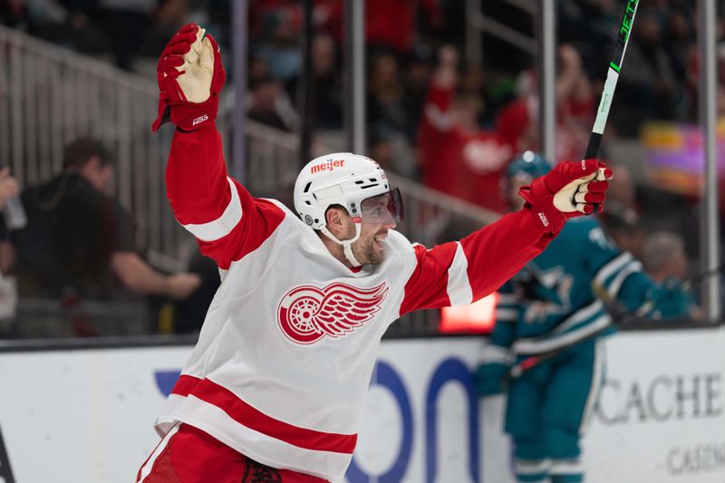 Jan 2, 2024; San Jose, California, USA; Detroit Red Wings left wing David Perron (57) reacts during the third period against the San Jose Sharks at SAP Center at San Jose. Mandatory Credit: Stan Szeto-USA TODAY Sports