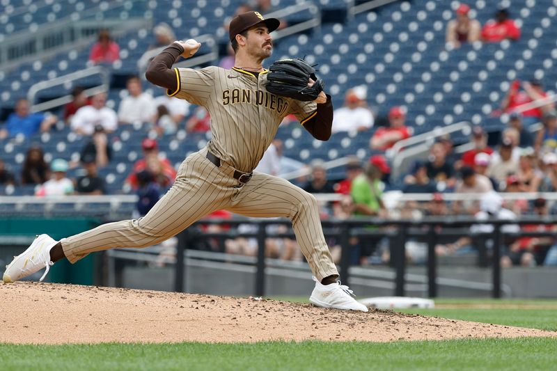 Jul 25, 2024; Washington, District of Columbia, USA; San Diego Padres starting pitcher Dylan Cease (84) pitches against the Washington Nationals during the third inning  at Nationals Park. Mandatory Credit: Geoff Burke-USA TODAY Sports