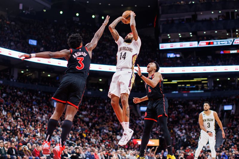 TORONTO, ON - FEBRUARY 23: Brandon Ingram #14 of the New Orleans Pelicans shoots over O.G. Anunoby #3 of the Toronto Raptors during the second half of their NBA game at Scotiabank Arena on February 23, 2023 in Toronto, Canada. NOTE TO USER: User expressly acknowledges and agrees that, by downloading and or using this photograph, User is consenting to the terms and conditions of the Getty Images License Agreement. (Photo by Cole Burston/Getty Images)