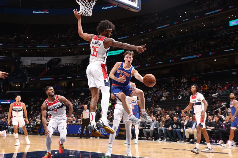 WASHINGTON, DC -? OCTOBER 18: Tyler Kolek #13 of the New York Knicks looks to pass the ball during the game against the Washington Wizards on October 18, 2024 at Capital One Arena in Washington, DC. NOTE TO USER: User expressly acknowledges and agrees that, by downloading and or using this Photograph, user is consenting to the terms and conditions of the Getty Images License Agreement. Mandatory Copyright Notice: Copyright 2024 NBAE (Photo by Kenny Giarla/NBAE via Getty Images)